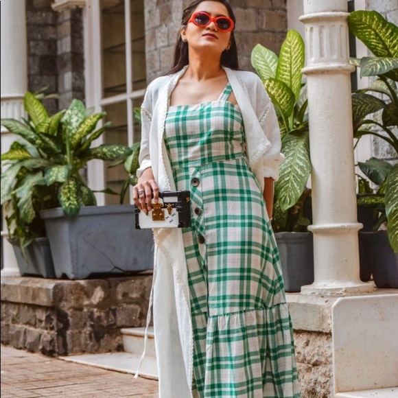 ZARA Green Checkered Tie Straps with Buttons Dress - Picture 4 of 11